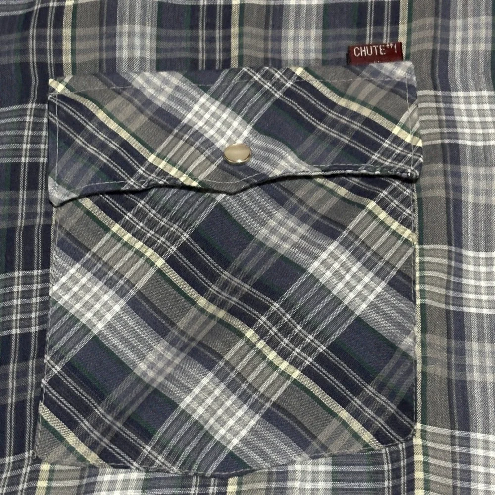 Chute 1 Mens Lg Plaid Long Sleeve Western Pearl Snap Shirt Blue Gray Lightweight